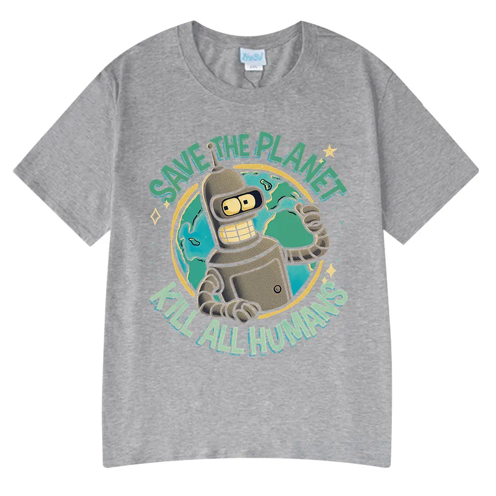 Funny Save The Planet Kill All Humans Robot Graphic Print T Shirt Men's Women Fashion Short Sleeve T-shirt Oversized Cotton Tees