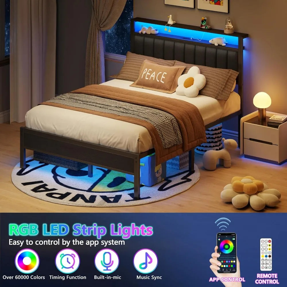 Bed Frame with Charging Station and LED Lights, Platform Bed with Metal Slats, Grey Upholstered, Customized