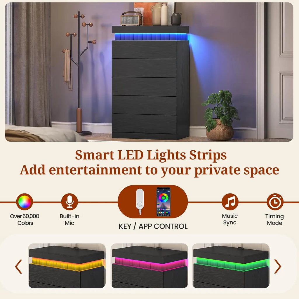 Tall 5 Drawer Dresser, Sliding Top LED Power Outlet, Wood Chest Bedroom Living Hallway, Customized