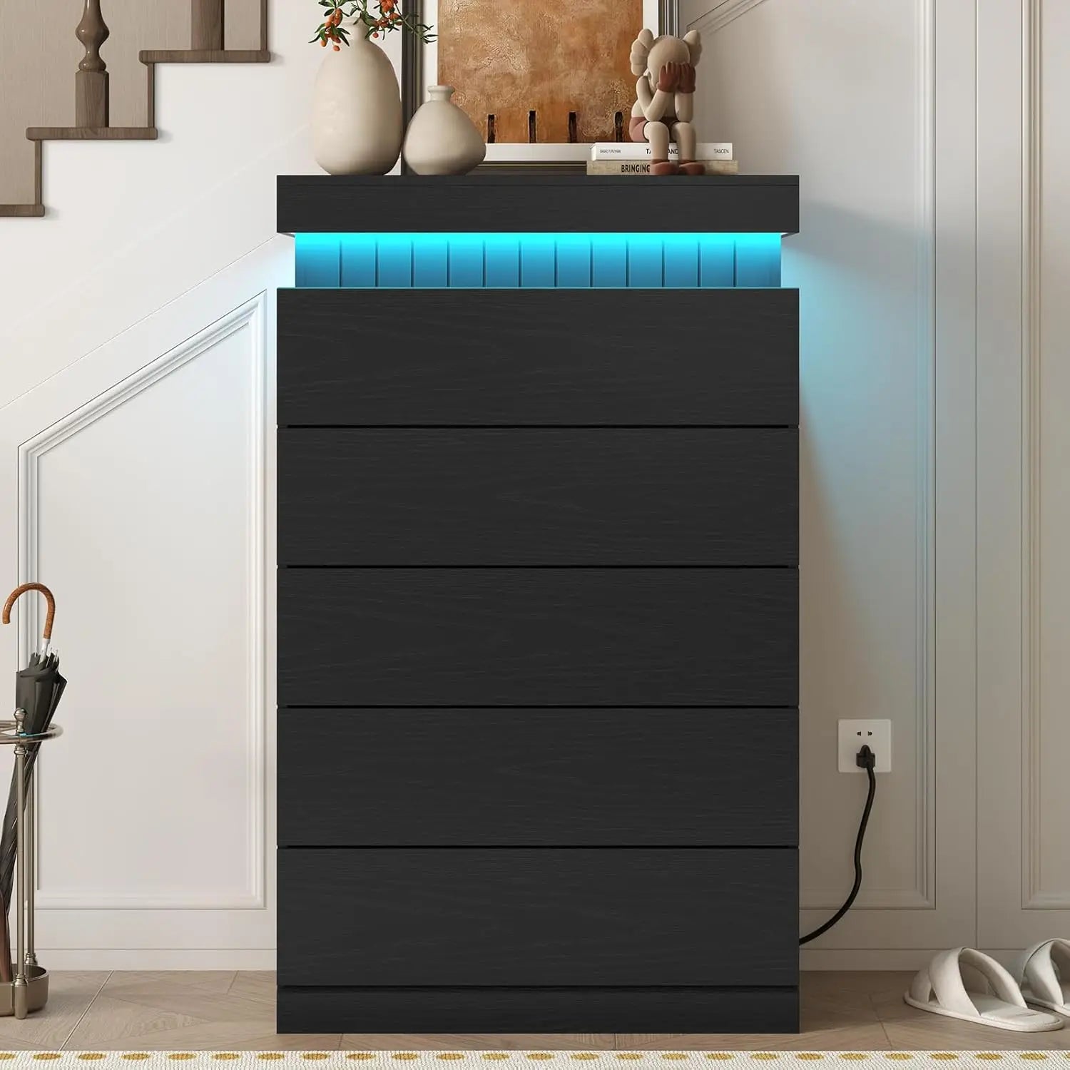 Tall 5 Drawer Dresser, Sliding Top LED Power Outlet, Wood Chest Bedroom Living Hallway, Customized
