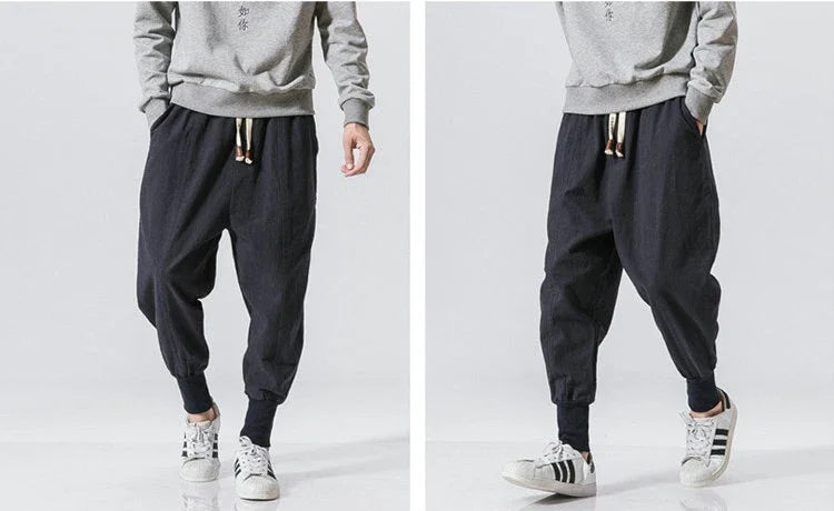 Cotton Linen Harem Pants Men Streetwear Joggers New Baggy Drop-crotch Pants Casual Trousers Men Sweatpants