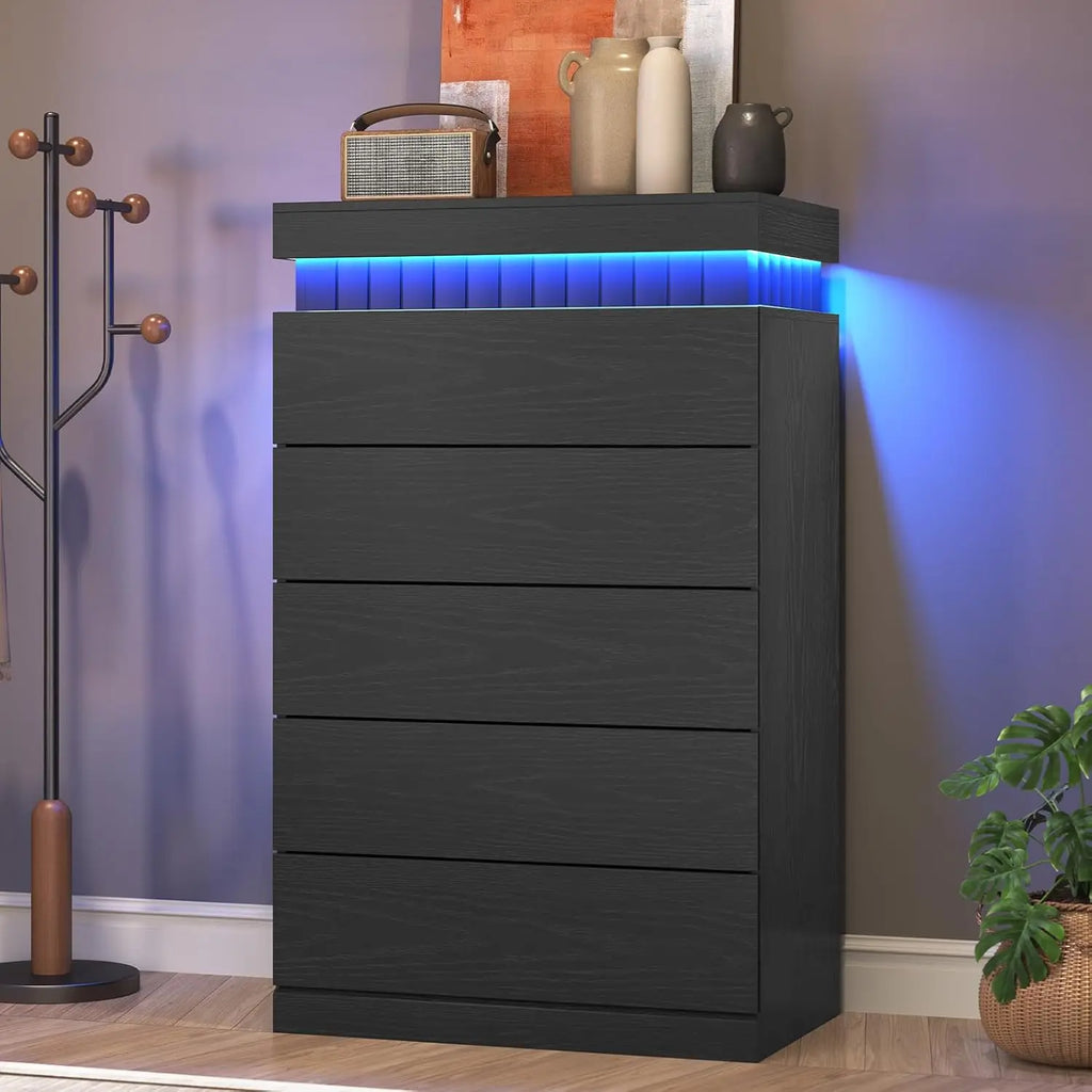 Tall 5 Drawer Dresser, Sliding Top LED Power Outlet, Wood Chest Bedroom Living Hallway, Customized