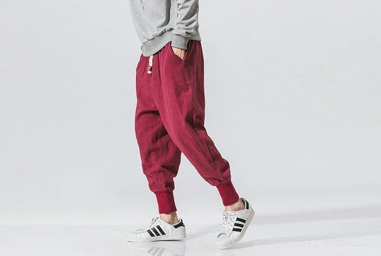 Cotton Linen Harem Pants Men Streetwear Joggers New Baggy Drop-crotch Pants Casual Trousers Men Sweatpants