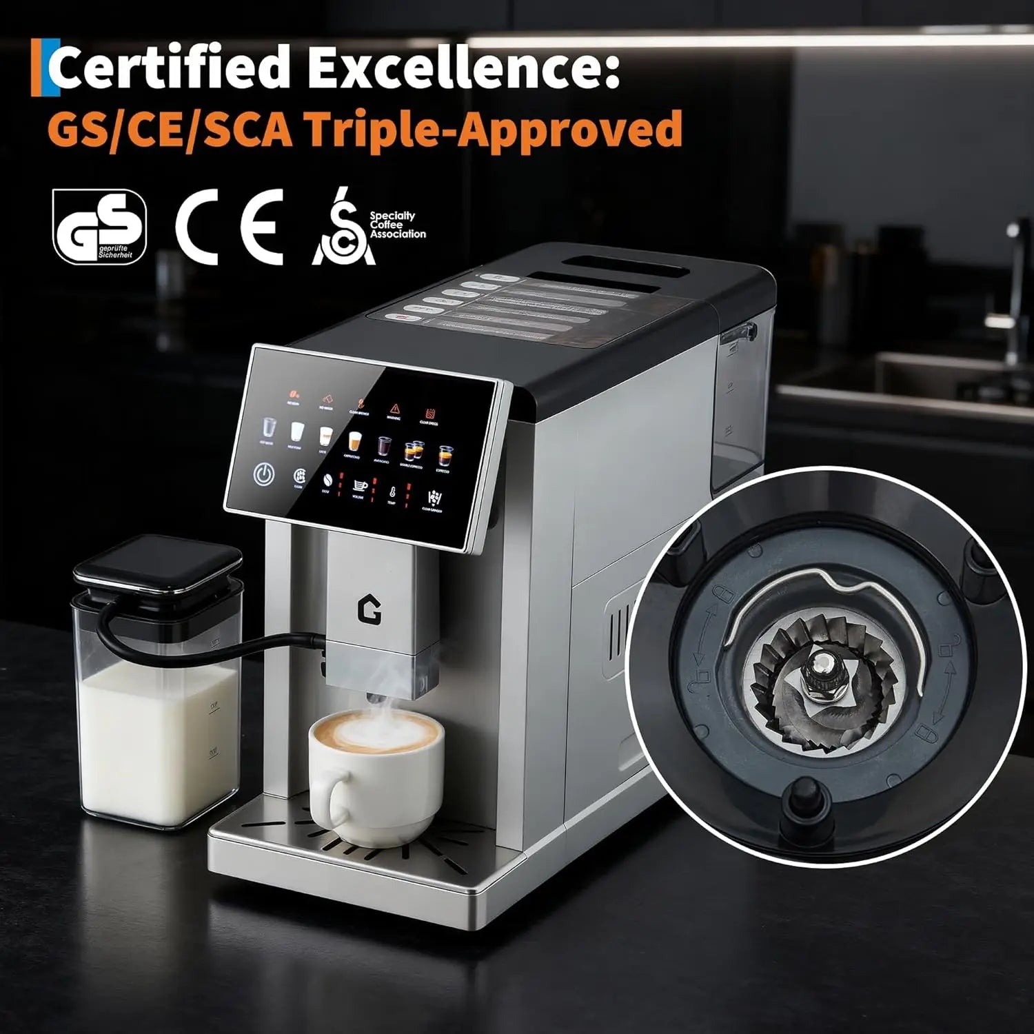 3rd-Gen Espresso Coffee Maker with Milk Frother - Removable Brewer & Grinder, Adjustable Coarseness/Flavor, Detachable Milk Tank