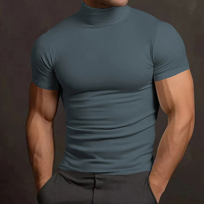 Men s Casual Short Sleeve T-Shirt  Fit Solid Color High Neck Summer Top Basic Tee Simple Style Comfortable Wear