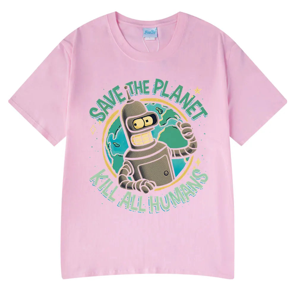Funny Save The Planet Kill All Humans Robot Graphic Print T Shirt Men's Women Fashion Short Sleeve T-shirt Oversized Cotton Tees