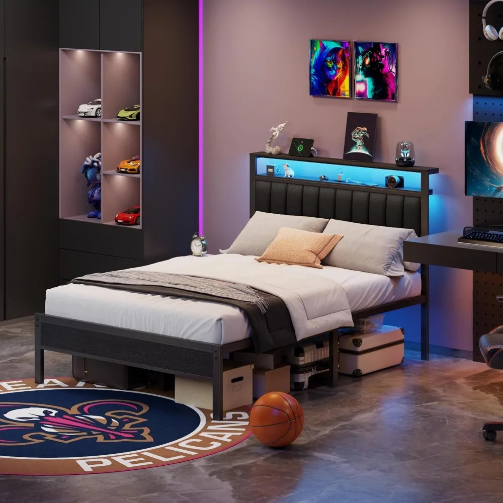 Bed Frame with Charging Station and LED Lights, Platform Bed with Metal Slats, Grey Upholstered, Customized