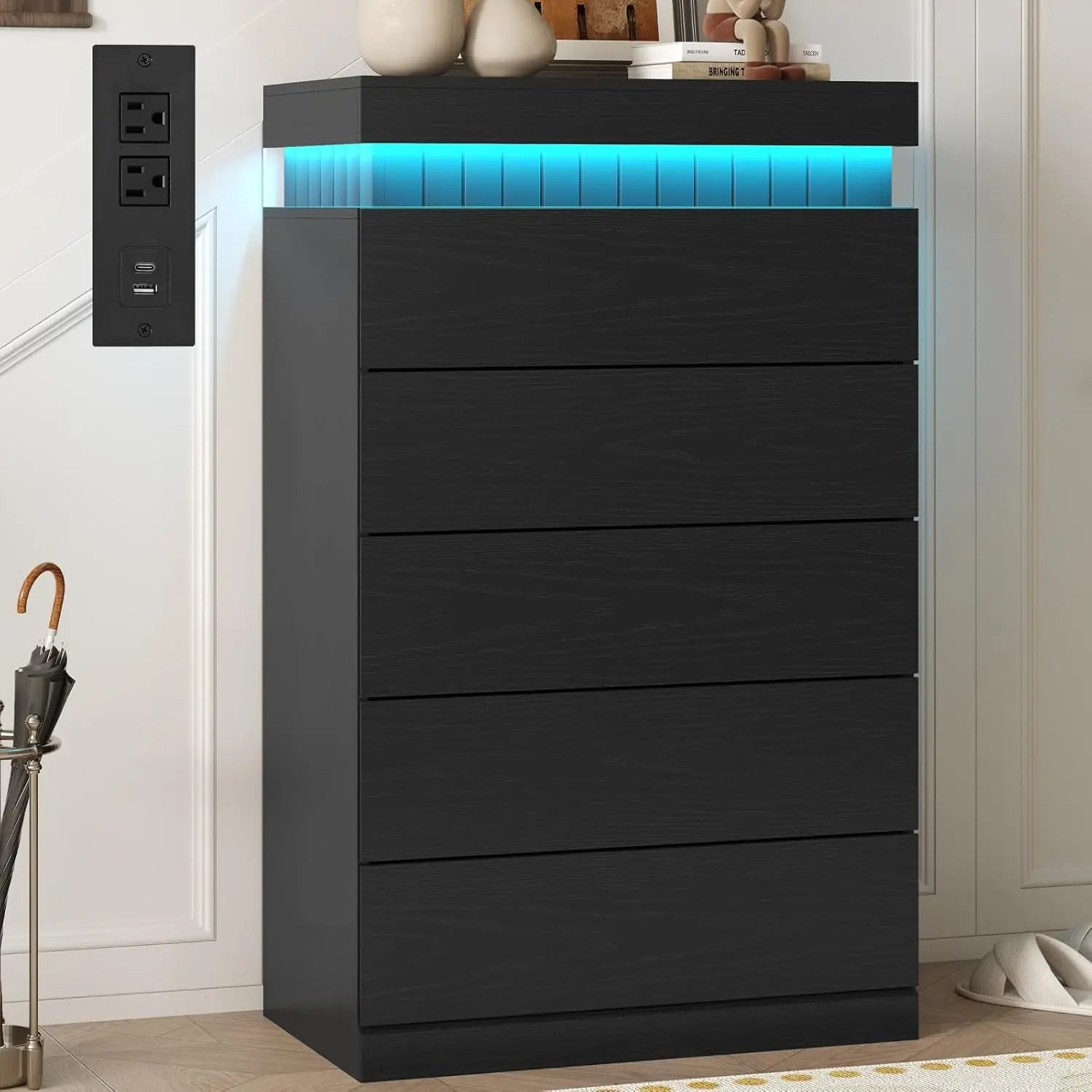 Tall 5 Drawer Dresser, Sliding Top LED Power Outlet, Wood Chest Bedroom Living Hallway, Customized