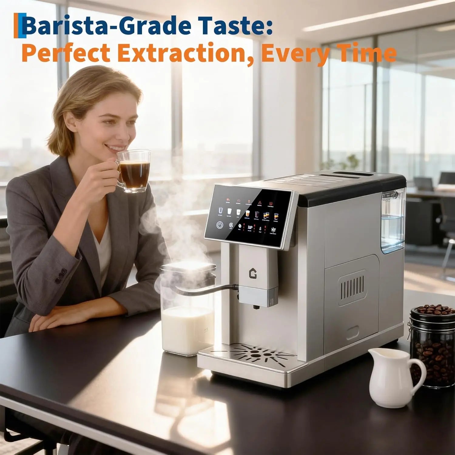 3rd-Gen Espresso Coffee Maker with Milk Frother - Removable Brewer & Grinder, Adjustable Coarseness/Flavor, Detachable Milk Tank