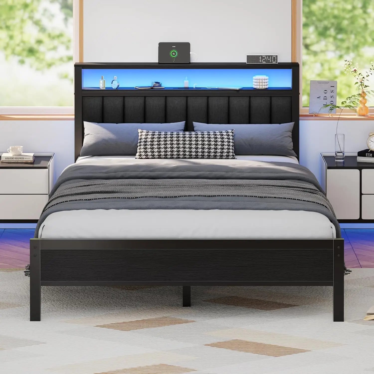 Bed Frame with Charging Station and LED Lights, Platform Bed with Metal Slats, Grey Upholstered, Customized