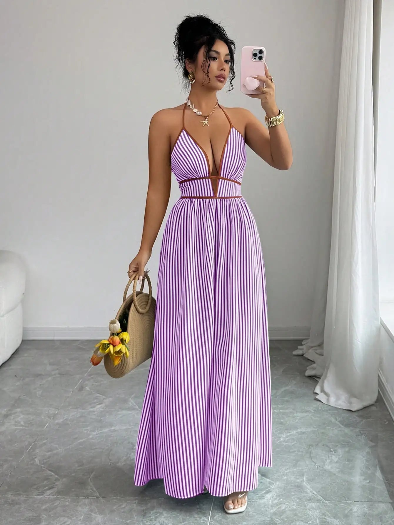 Women's Striped Plunging Halter Maxi Dress Beach Vacation Style