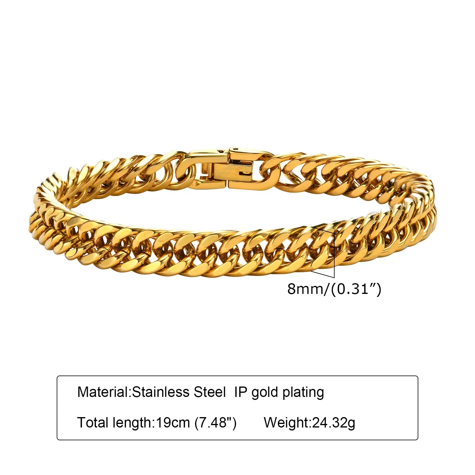 Stylish Double Curb Chain Bracelets for  Boys,8/10/12/15mm Stainless Steel Miami Link Wristband,Punk Jewelry Gifts