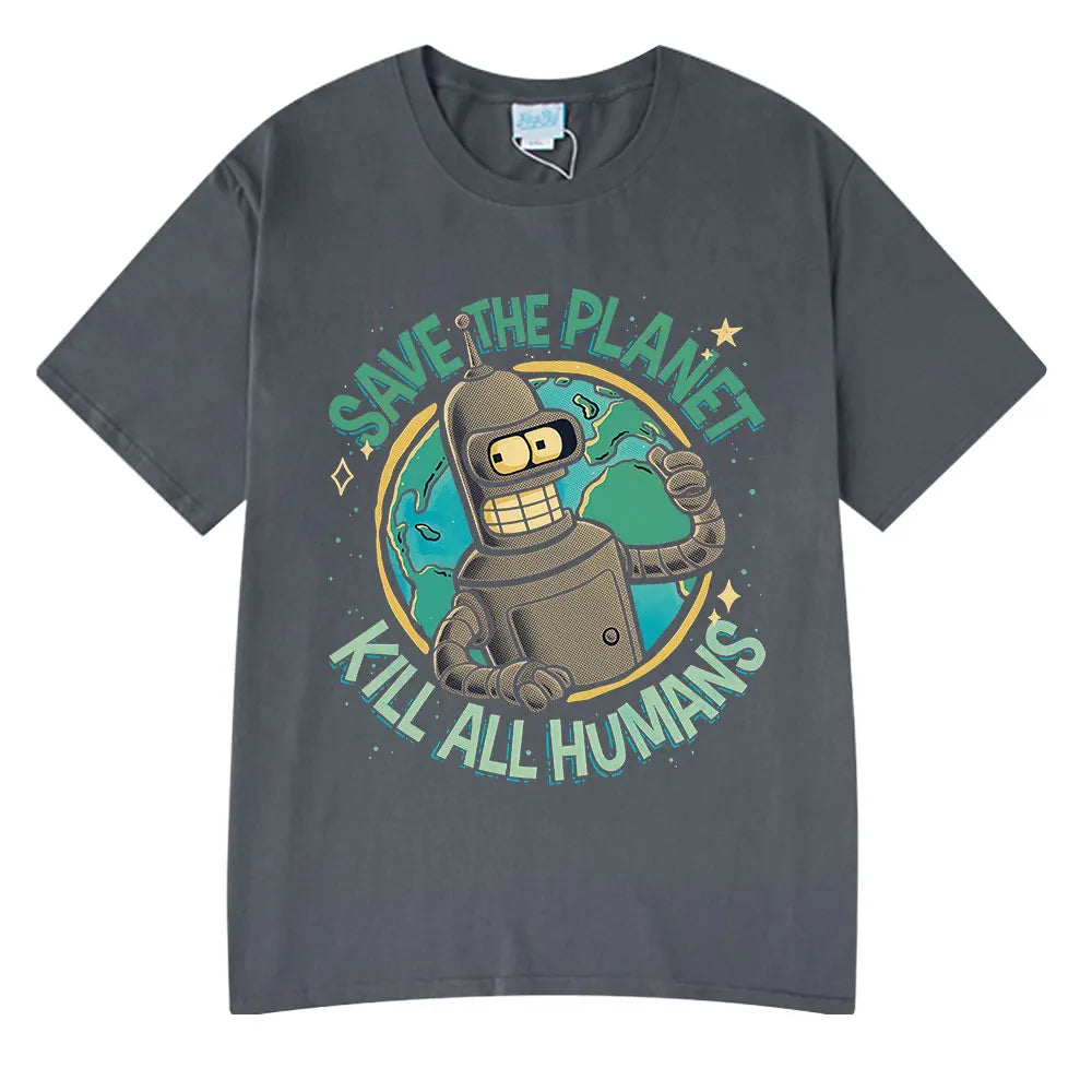 Funny Save The Planet Kill All Humans Robot Graphic Print T Shirt Men's Women Fashion Short Sleeve T-shirt Oversized Cotton Tees