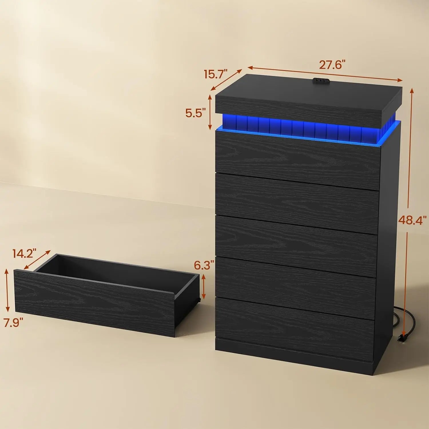 Tall 5 Drawer Dresser, Sliding Top LED Power Outlet, Wood Chest Bedroom Living Hallway, Customized
