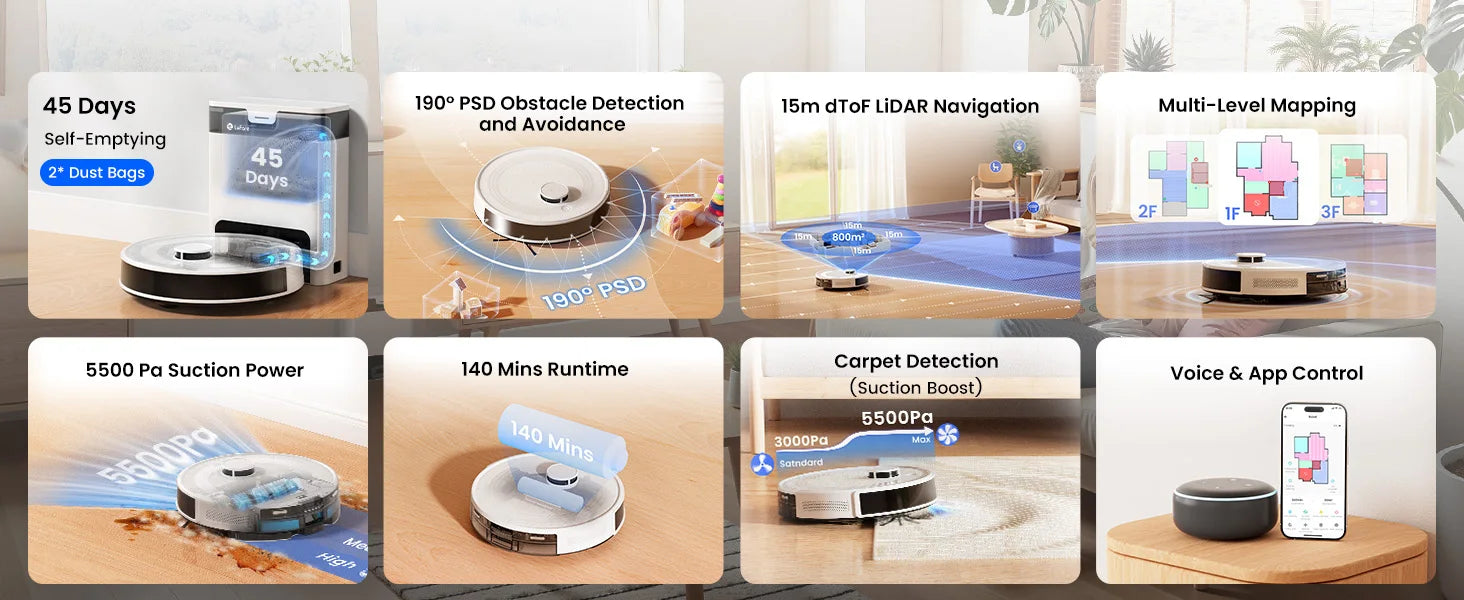 Lefant M2 Pro Robot Vacuum with Mop,Self-Emptying, 6000Pa , DTOF Laser Navigation, PSD Obstacle Avoidance, Wi-fi/Alexa Control
