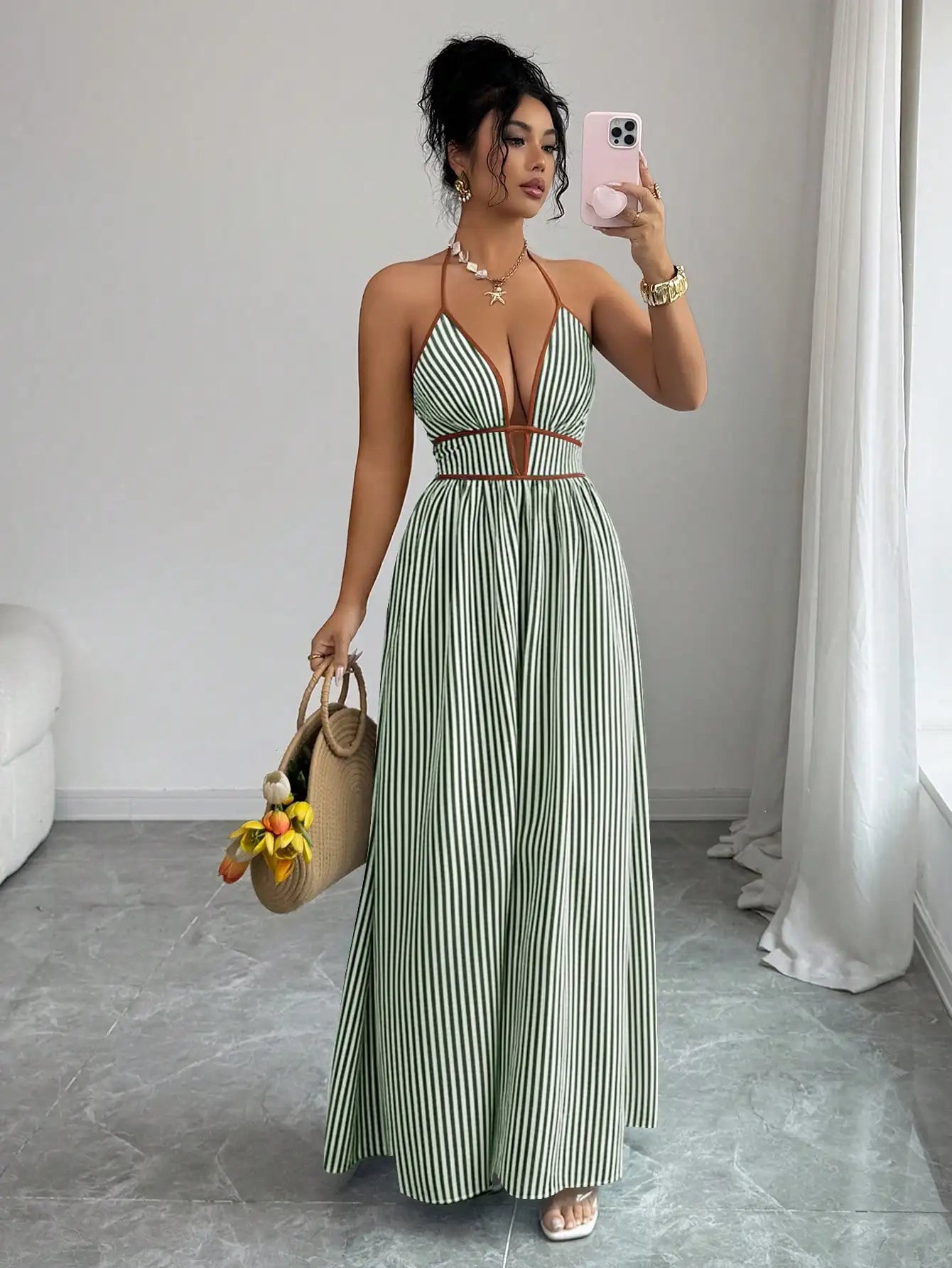 Women's Striped Plunging Halter Maxi Dress Beach Vacation Style