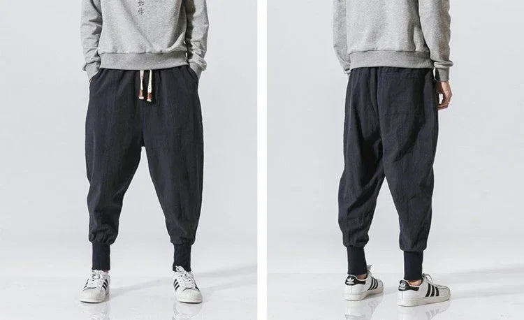 Cotton Linen Harem Pants Men Streetwear Joggers New Baggy Drop-crotch Pants Casual Trousers Men Sweatpants