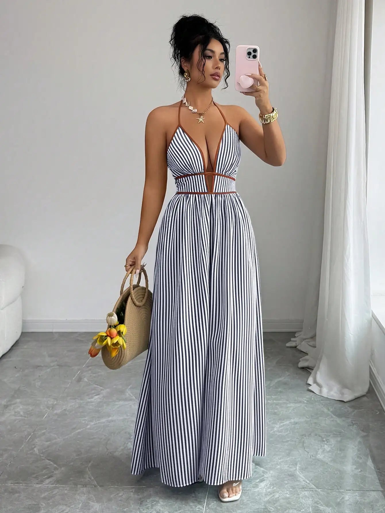 Women's Striped Plunging Halter Maxi Dress Beach Vacation Style