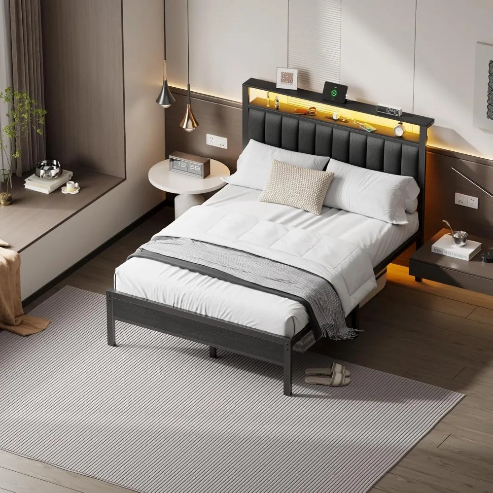 Bed Frame with Charging Station and LED Lights, Platform Bed with Metal Slats, Grey Upholstered, Customized