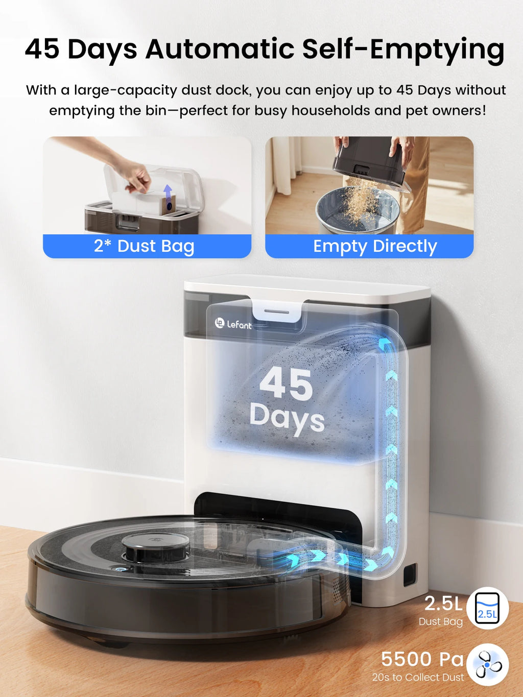 Lefant M2 Pro Robot Vacuum with Mop,Self-Emptying, 6000Pa , DTOF Laser Navigation, PSD Obstacle Avoidance, Wi-fi/Alexa Control