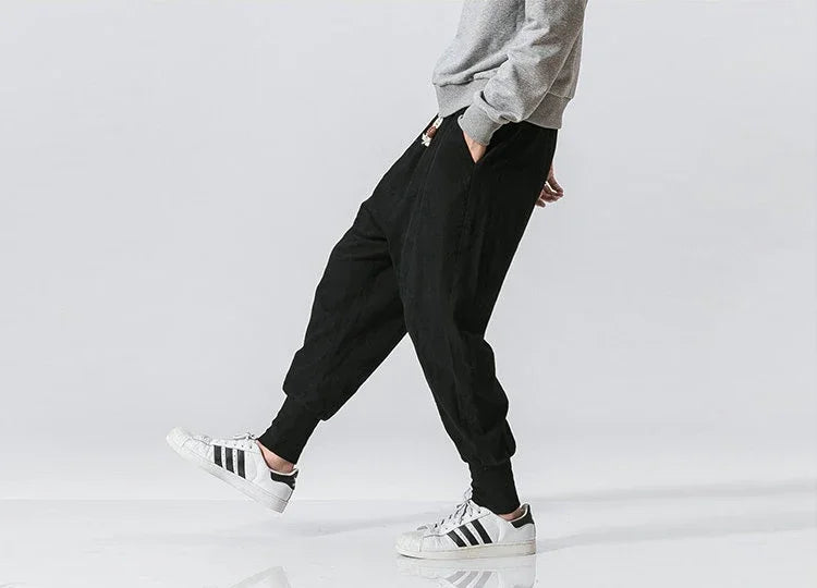 Cotton Linen Harem Pants Men Streetwear Joggers New Baggy Drop-crotch Pants Casual Trousers Men Sweatpants