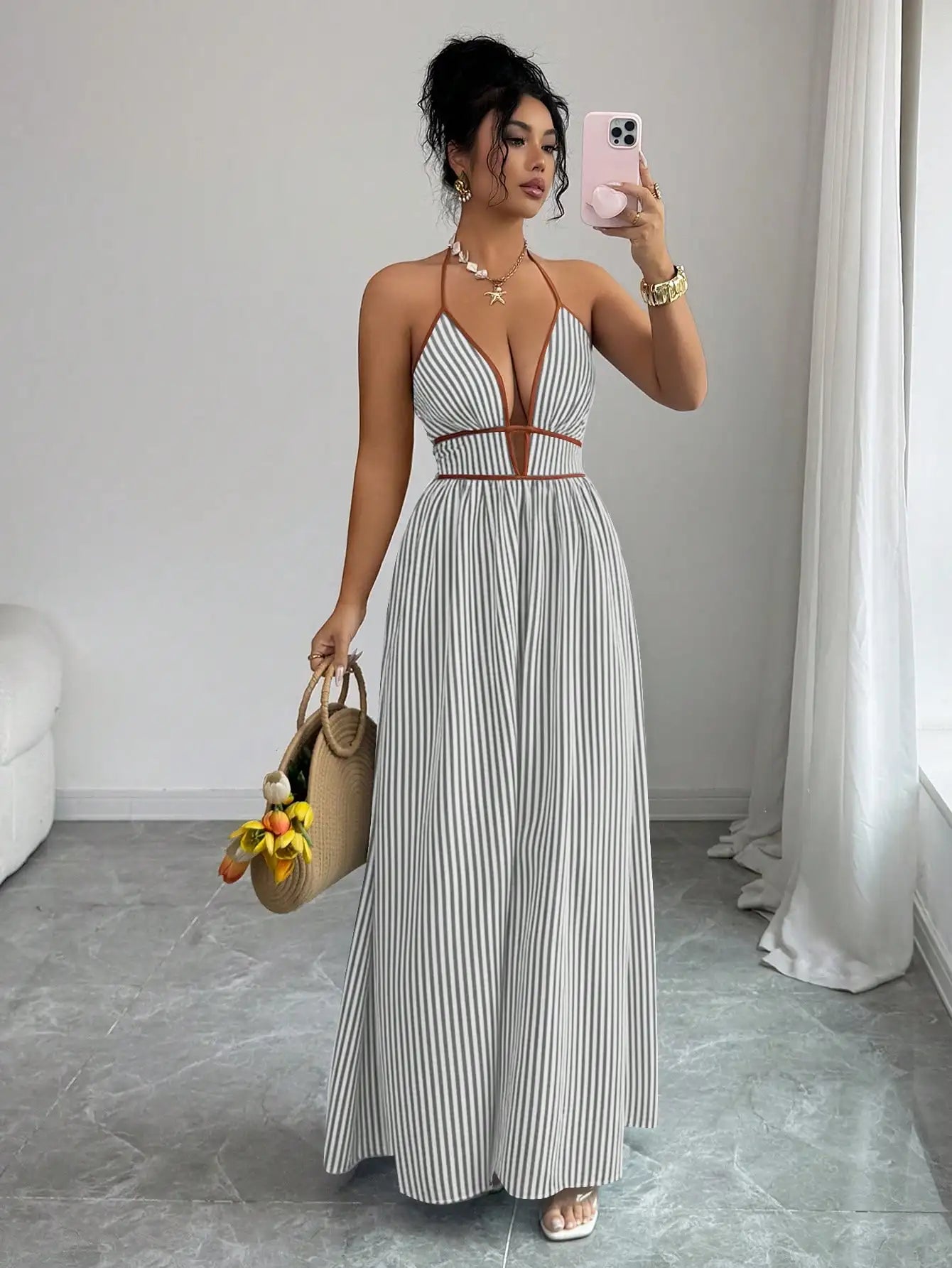 Women's Striped Plunging Halter Maxi Dress Beach Vacation Style