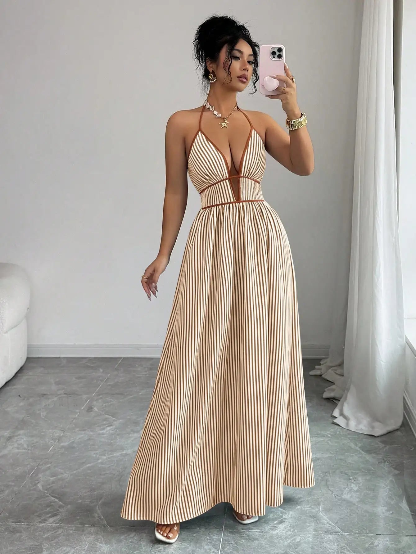 Women's Striped Plunging Halter Maxi Dress Beach Vacation Style