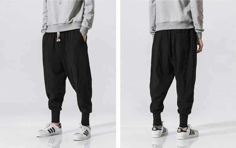 Cotton Linen Harem Pants Men Streetwear Joggers New Baggy Drop-crotch Pants Casual Trousers Men Sweatpants