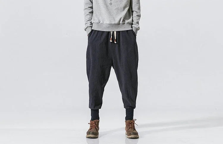Cotton Linen Harem Pants Men Streetwear Joggers New Baggy Drop-crotch Pants Casual Trousers Men Sweatpants