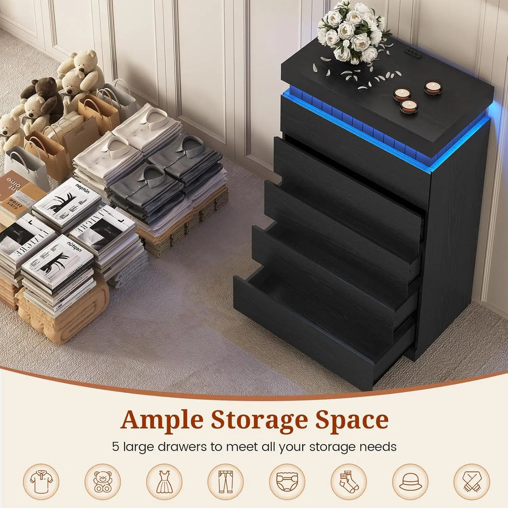 Tall 5 Drawer Dresser, Sliding Top LED Power Outlet, Wood Chest Bedroom Living Hallway, Customized