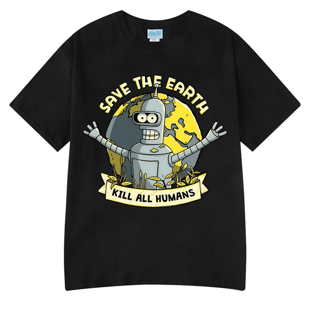 Funny Save The Planet Kill All Humans Robot Graphic Print T Shirt Men's Women Fashion Short Sleeve T-shirt Oversized Cotton Tees