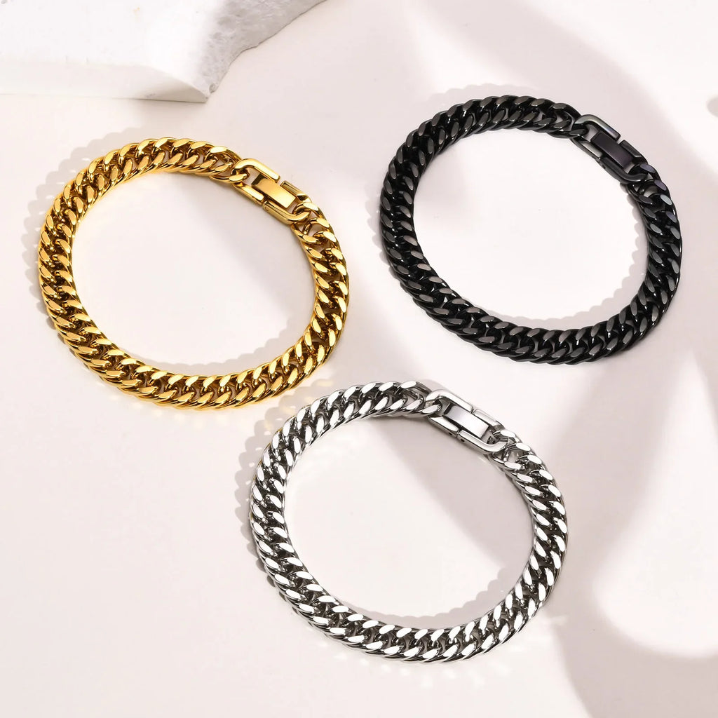 Stylish Double Curb Chain Bracelets for  Boys,8/10/12/15mm Stainless Steel Miami Link Wristband,Punk Jewelry Gifts