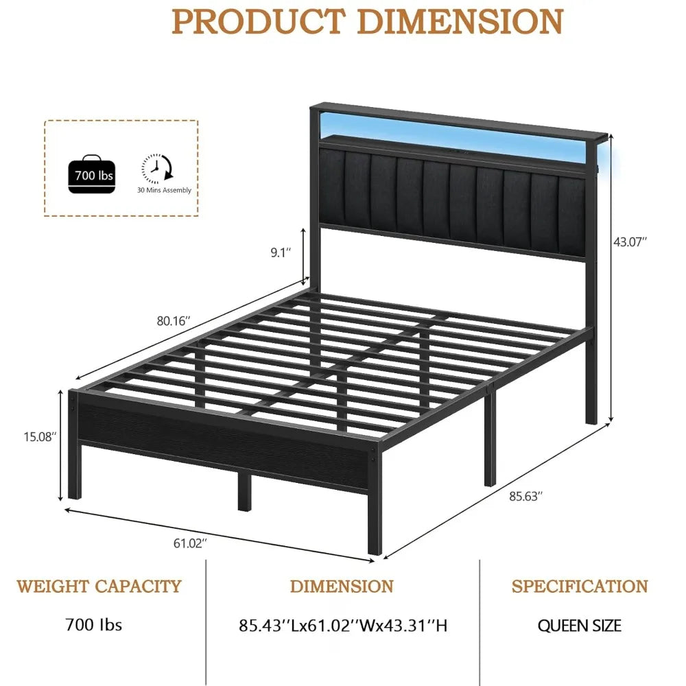 Bed Frame with Charging Station and LED Lights, Platform Bed with Metal Slats, Grey Upholstered, Customized