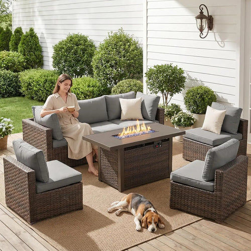 7-Pieces Patio Furniture Sets Outdoor Sectional Sofa with 44'' Propane Rattan Wicker Firepit Table, Patio Sectional, Customized