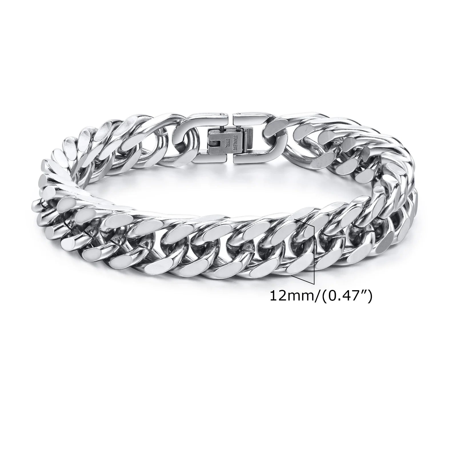 Stylish Double Curb Chain Bracelets for  Boys,8/10/12/15mm Stainless Steel Miami Link Wristband,Punk Jewelry Gifts