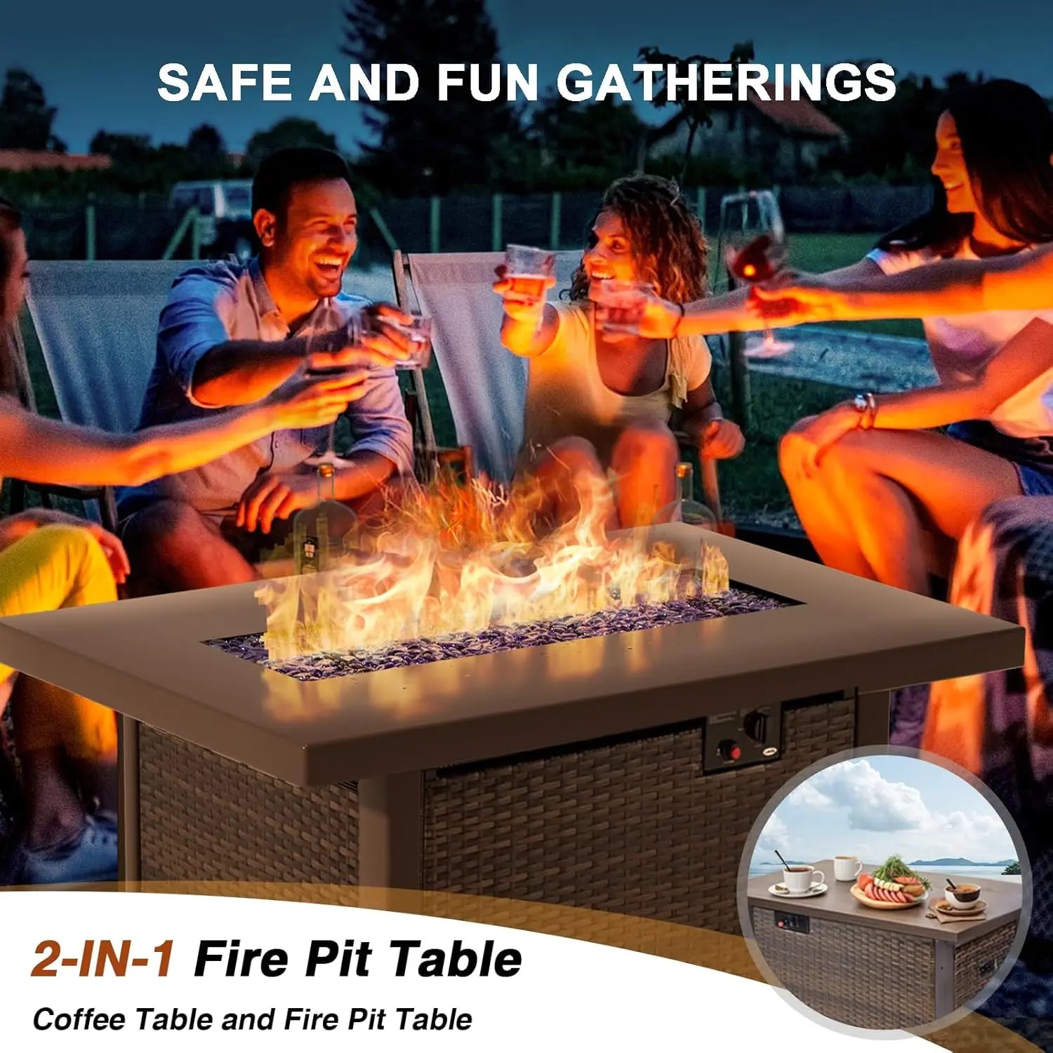 7-Pieces Patio Furniture Sets Outdoor Sectional Sofa with 44'' Propane Rattan Wicker Firepit Table, Patio Sectional, Customized