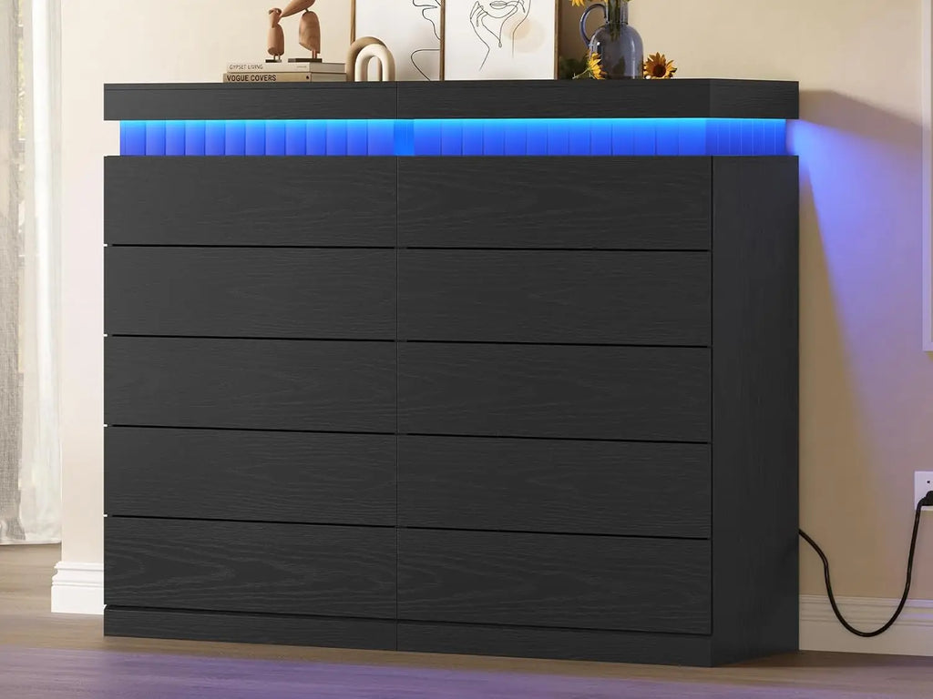 Tall 5 Drawer Dresser, Sliding Top LED Power Outlet, Wood Chest Bedroom Living Hallway, Customized
