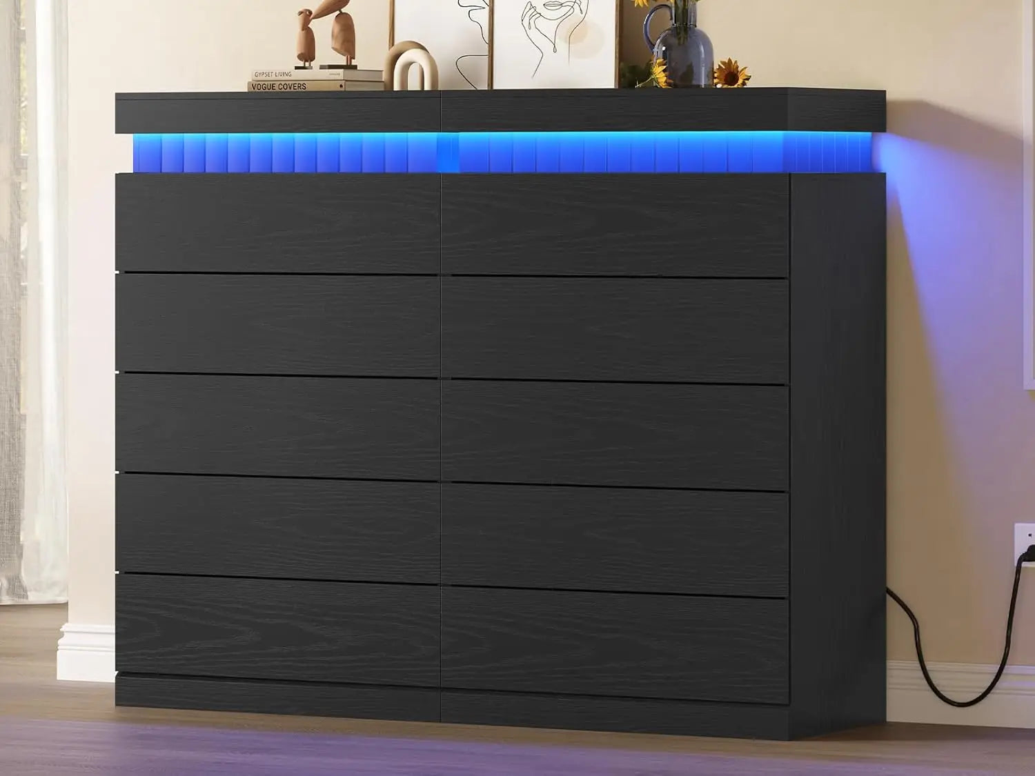 Tall 5 Drawer Dresser, Sliding Top LED Power Outlet, Wood Chest Bedroom Living Hallway, Customized