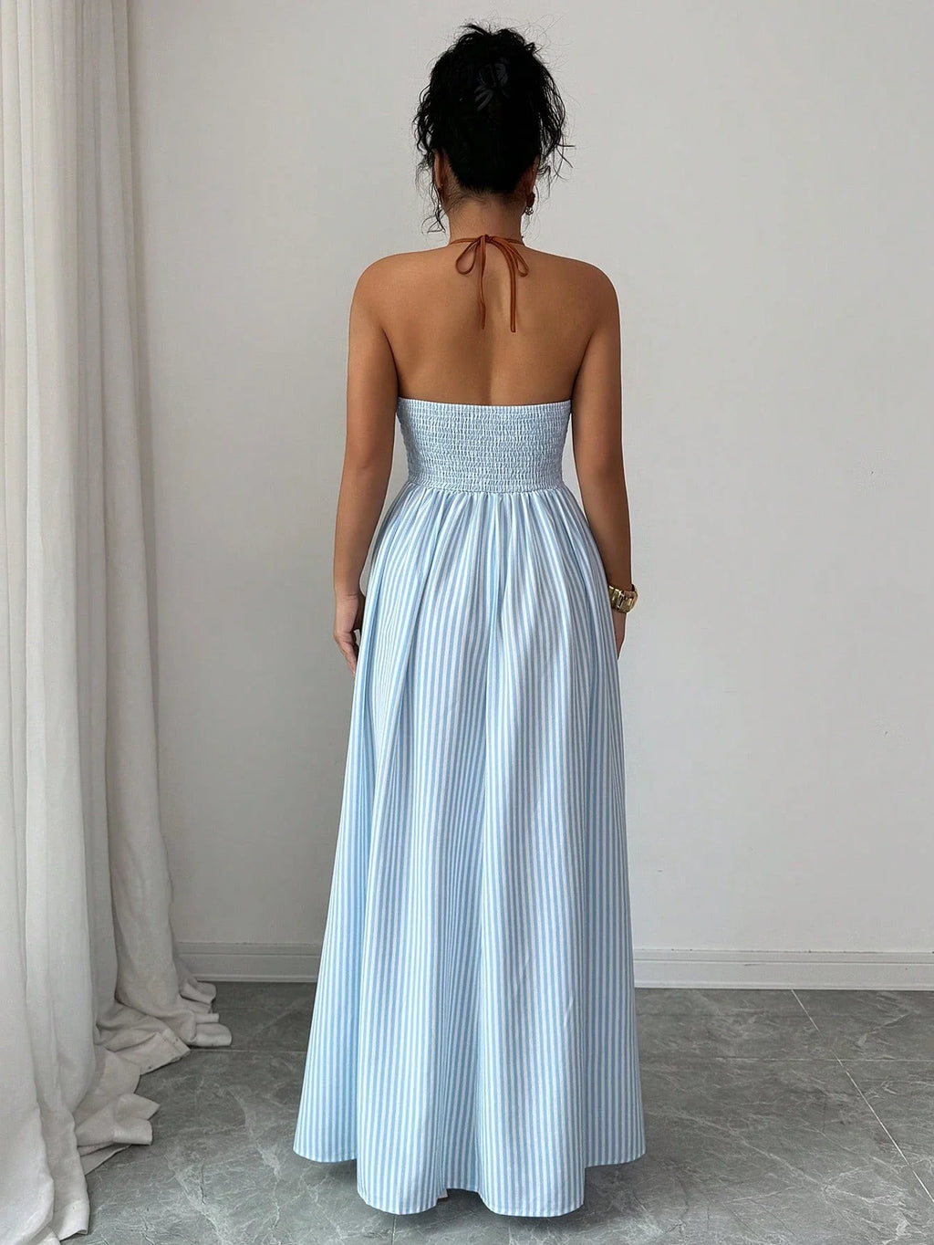 Women's Striped Plunging Halter Maxi Dress Beach Vacation Style