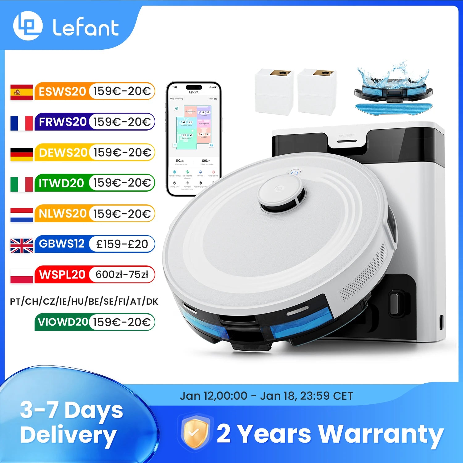 Lefant M2 Pro Robot Vacuum with Mop,Self-Emptying, 6000Pa , DTOF Laser Navigation, PSD Obstacle Avoidance, Wi-fi/Alexa Control