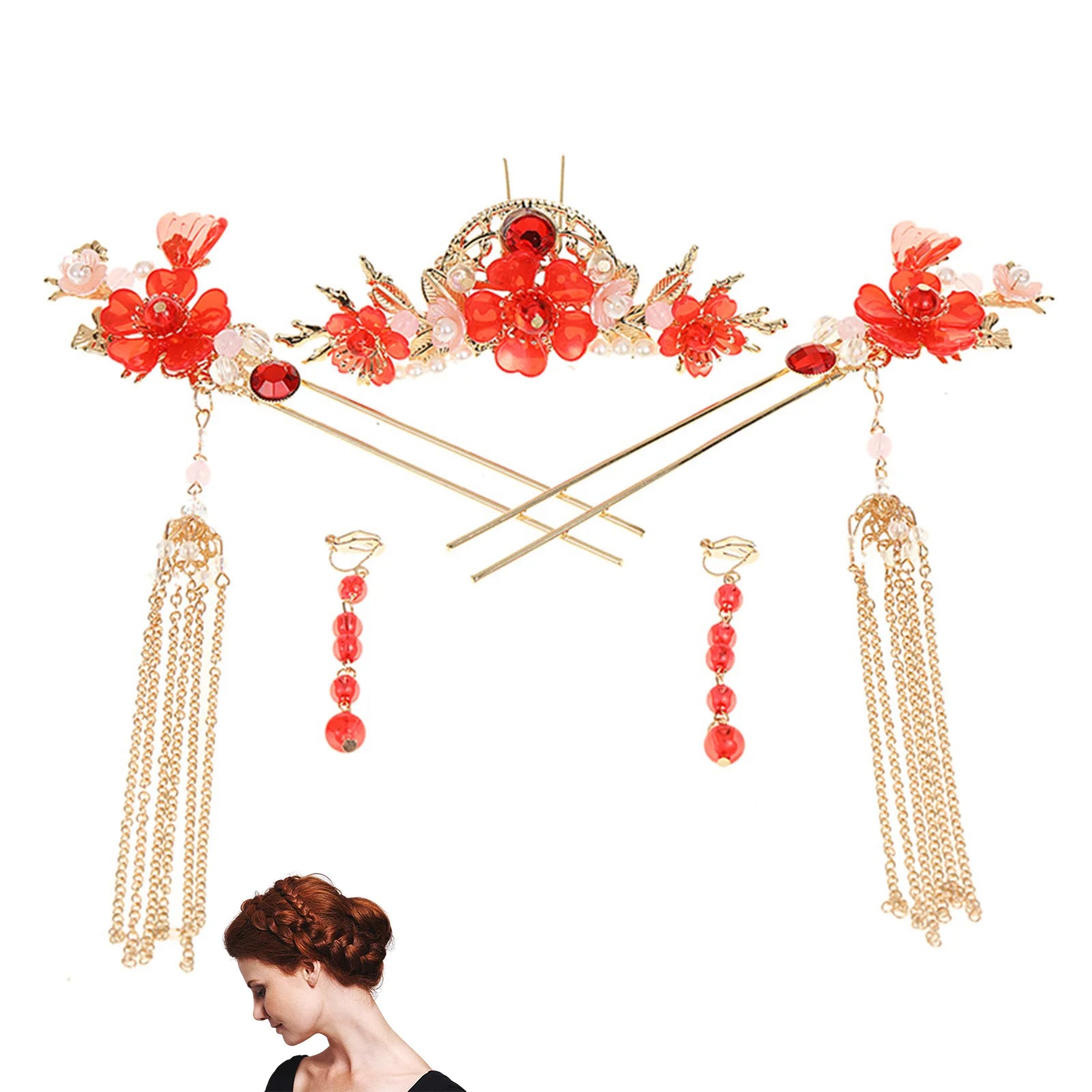 Chinese Long Hair Stick Tiara Headpiece Women Hair Accessories Flower Crystal Pearl Hair Pins Handmade Hanfu Hair Jewelry Set