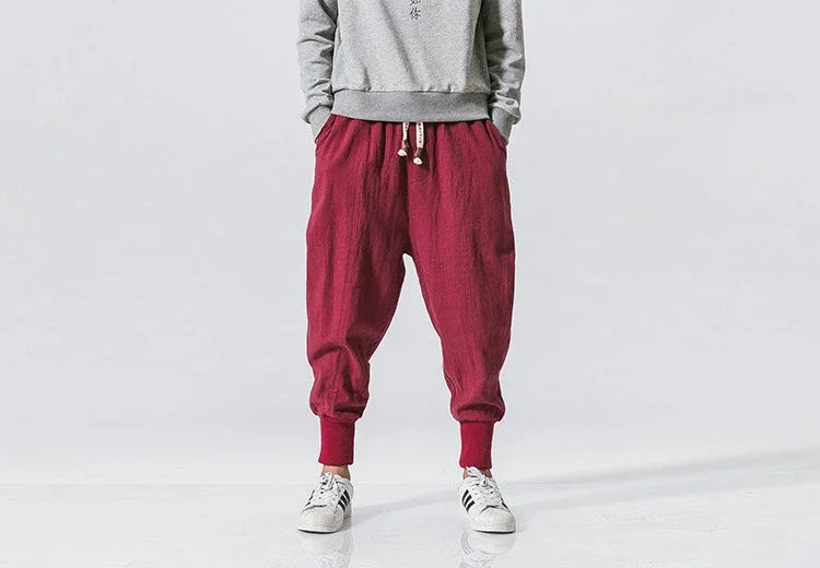 Cotton Linen Harem Pants Men Streetwear Joggers New Baggy Drop-crotch Pants Casual Trousers Men Sweatpants