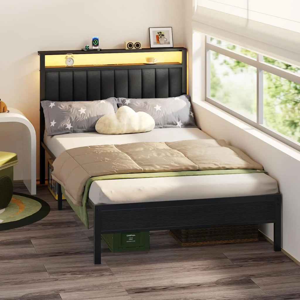 Bed Frame with Charging Station and LED Lights, Platform Bed with Metal Slats, Grey Upholstered, Customized