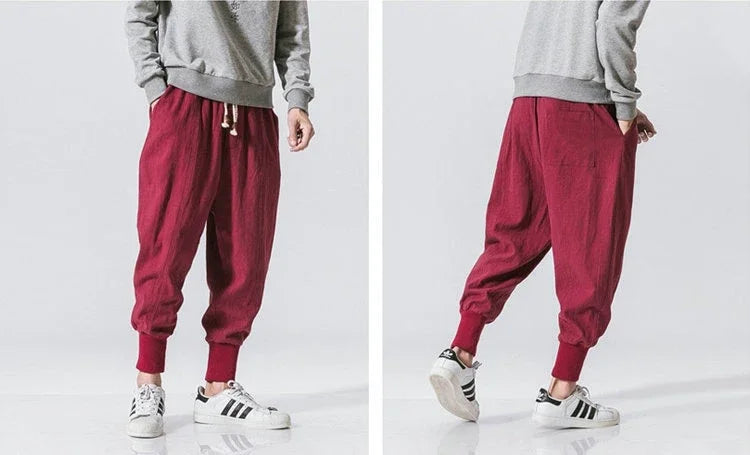 Cotton Linen Harem Pants Men Streetwear Joggers New Baggy Drop-crotch Pants Casual Trousers Men Sweatpants