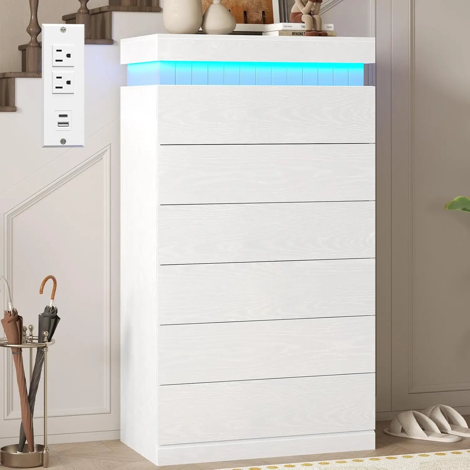 Tall 5 Drawer Dresser, Sliding Top LED Power Outlet, Wood Chest Bedroom Living Hallway, Customized