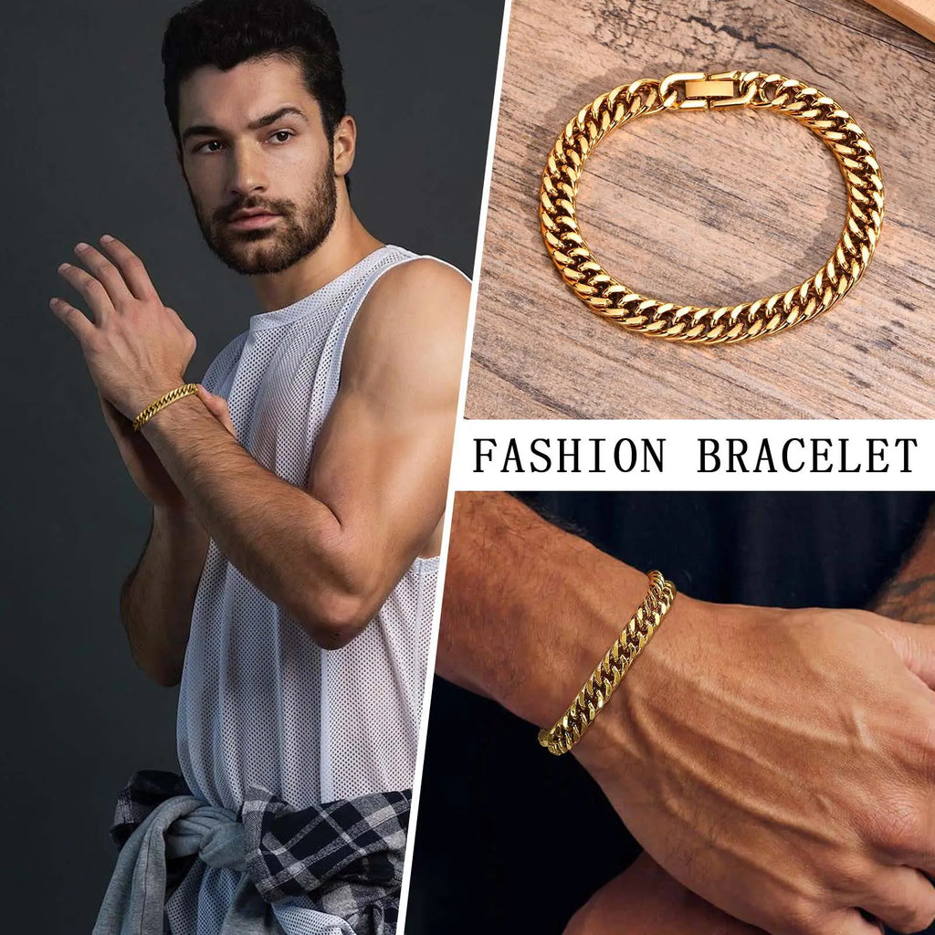 Stylish Double Curb Chain Bracelets for  Boys,8/10/12/15mm Stainless Steel Miami Link Wristband,Punk Jewelry Gifts