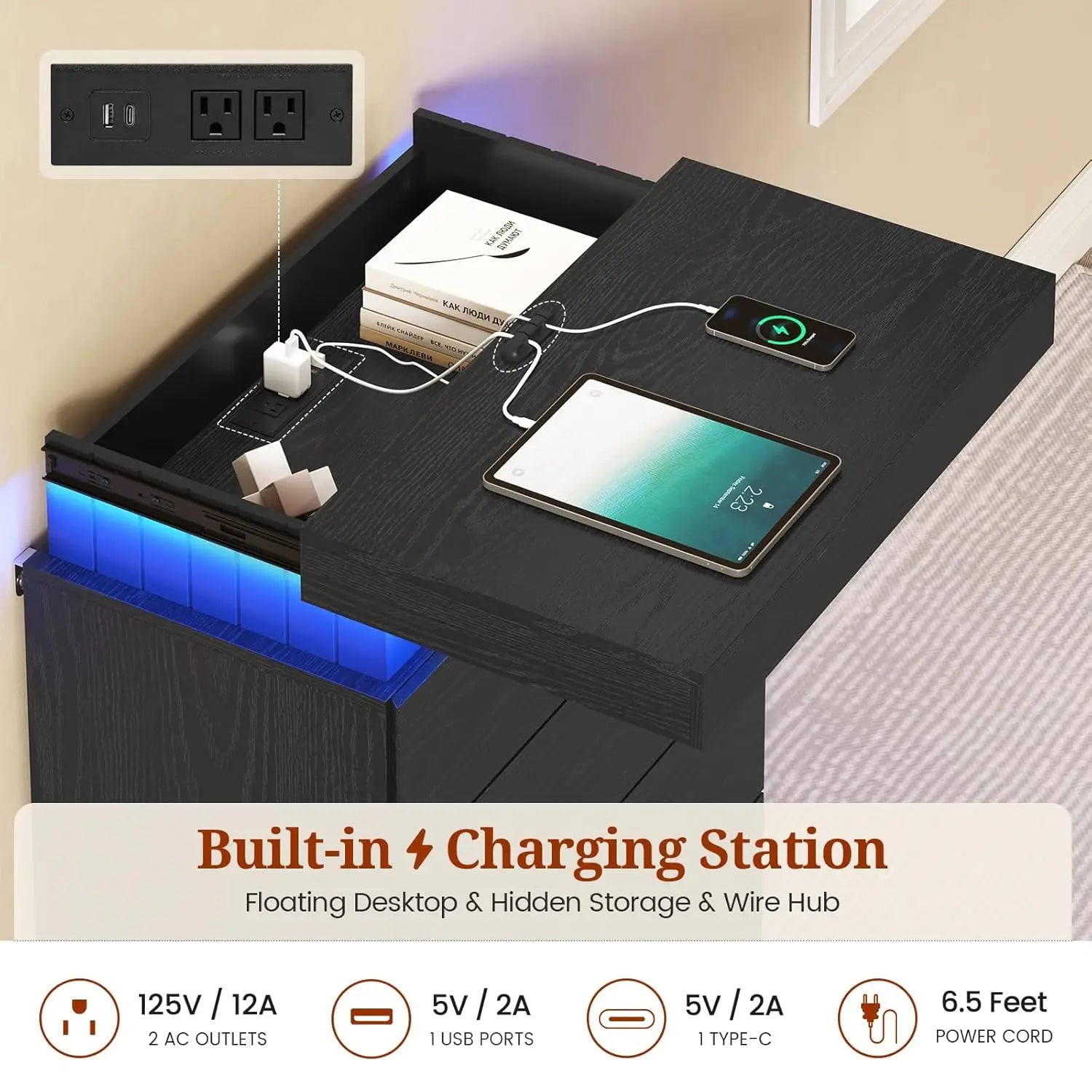 Tall 5 Drawer Dresser, Sliding Top LED Power Outlet, Wood Chest Bedroom Living Hallway, Customized