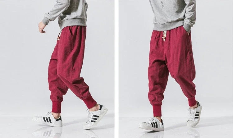 Cotton Linen Harem Pants Men Streetwear Joggers New Baggy Drop-crotch Pants Casual Trousers Men Sweatpants