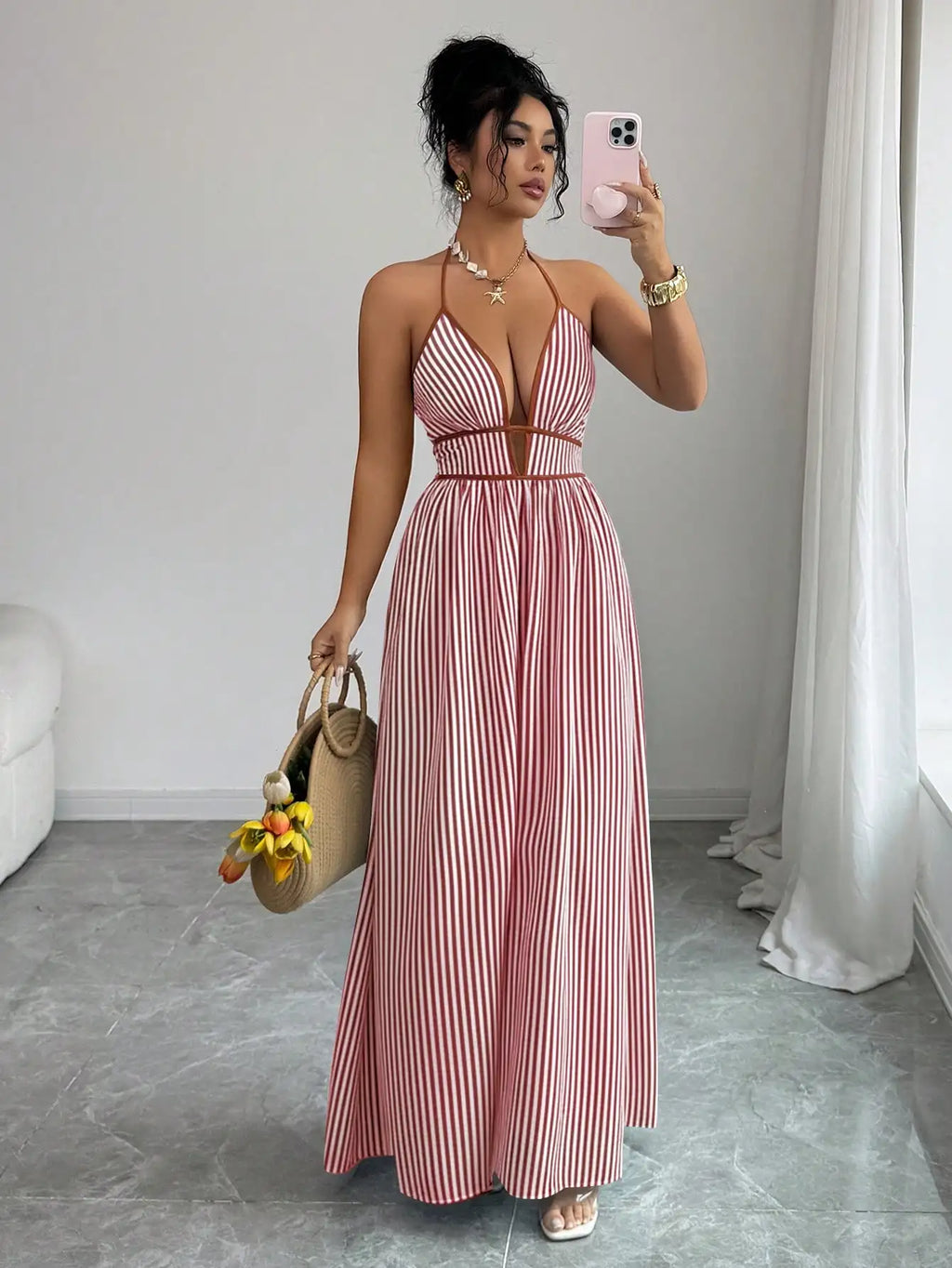 Women's Striped Plunging Halter Maxi Dress Beach Vacation Style
