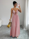 Women's Striped Plunging Halter Maxi Dress Beach Vacation Style